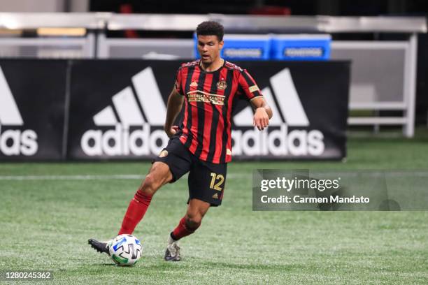 Miles Robinson of Atlanta United kicks the ball during a game against the Orlando City at Mercedes-Benz Stadium on October 7, 2020 in Atlanta,...