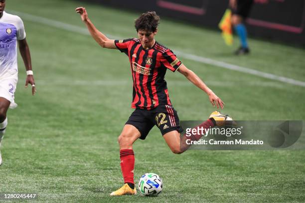 Jürgen Damm of Atlanta United attempts to kick the ball during a game against the Orlando City at Mercedes-Benz Stadium on October 7, 2020 in...
