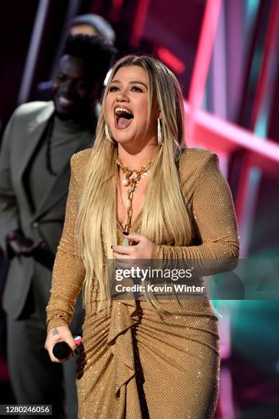 In this image released on October 14, Kelly Clarkson performs onstage at the 2020 Billboard Music Awards, broadcast on October 14, 2020 at the Dolby...