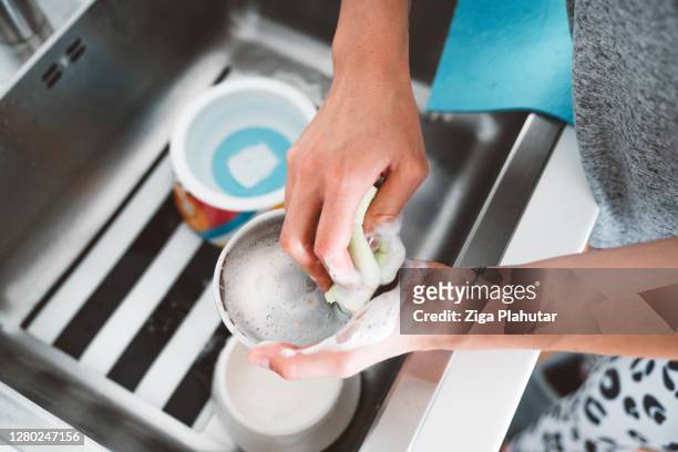 woman hands washing a dog bowl - pet food dish stock pictures, royalty-free photos & images