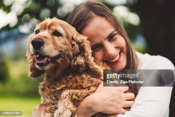 perro feliz abrazando con su dueño - cocker fotografías e imágenes de stock
