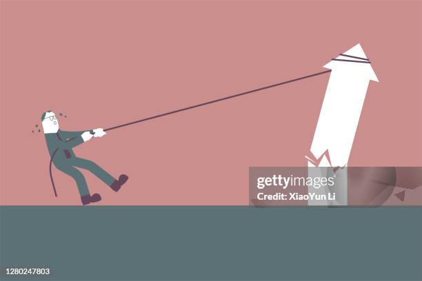 a man pulls up the broken arrow symbol using a rope. - rope breaking stock illustrations