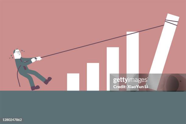 a man pulls up a tilted statistical chart using a rope. - pull quote stock illustrations