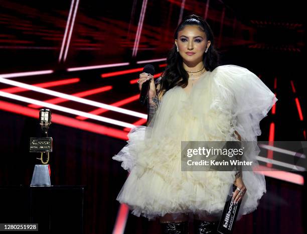 In this image released on October 14, Julia Michaels speaks onstage at the 2020 Billboard Music Awards, broadcast on October 14, 2020 at the Dolby...