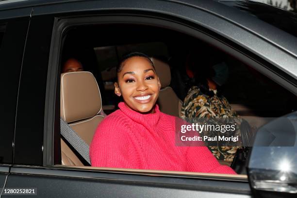 Actress Jasmine Luv arrives at the "Pull Up & Park" breast cancer awareness & BET Her films screening event at RFK Stadium on October 14, 2020 in...