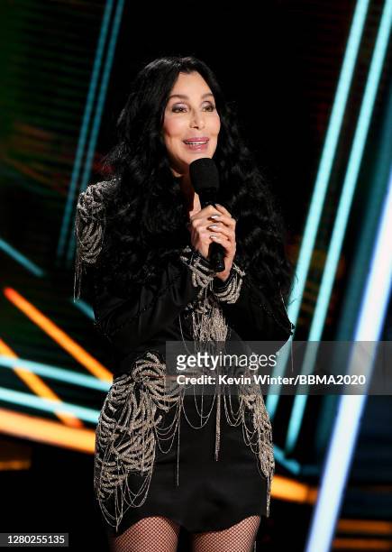 In this image released on October 14, Cher presents the Icon Award onstage at the 2020 Billboard Music Awards, broadcast on October 14, 2020 at the...