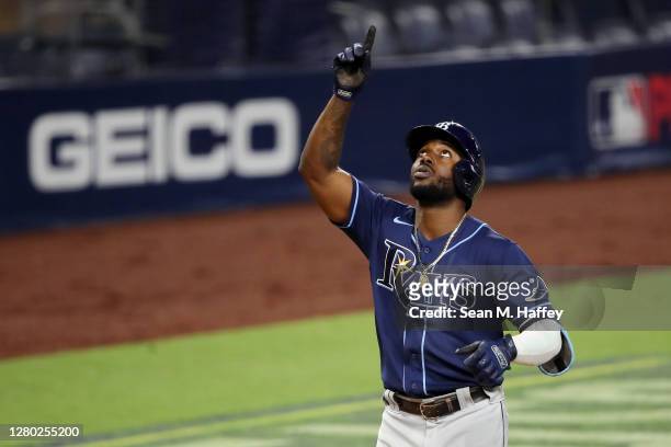 Randy Arozarena of the Tampa Bay Rays celebrates a two run home run off Zack Greinke of the Houston Astros during the fourth inning in Game Four of...