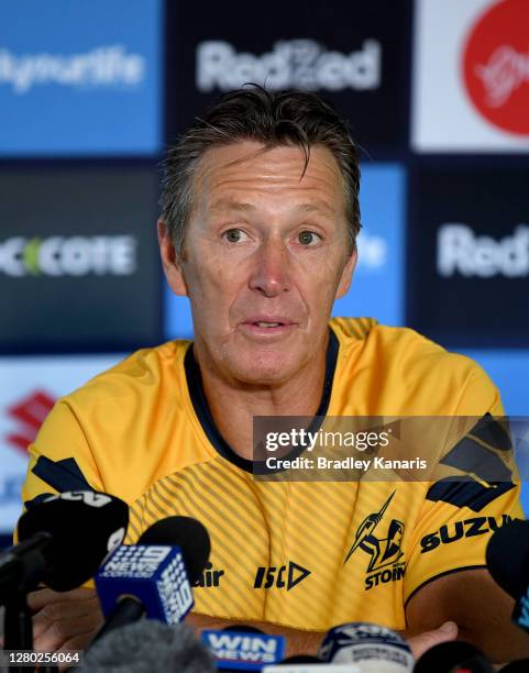 Coach Craig Bellamy speaks during a press conference after a Melbourne Storm NRL training session at Sunshine Coast Stadium on October 15, 2020 in...