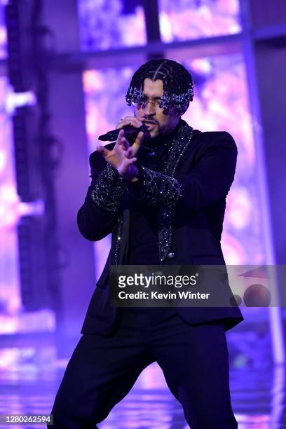 In this image released on October 14, Bad Bunny performs onstage at the 2020 Billboard Music Awards, broadcast on October 14, 2020 at the Dolby...