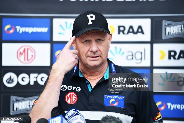Ken Hinkley Port Adelaide coach speaks to media during a Port Adelaide Power AFL training session at Adelaide Oval on October 15, 2020 in Adelaide,...