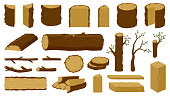 Wooden timbers. Tree trunk, woodwork planks and logging twigs, lumber industry chopped firewood material isolated vector illustration icons set