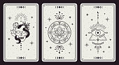 Magic occult cards. Vintage hand drawn mystic tarot cards, skull, lotus and evil eye magical symbols, magic occult cards vector illustration set