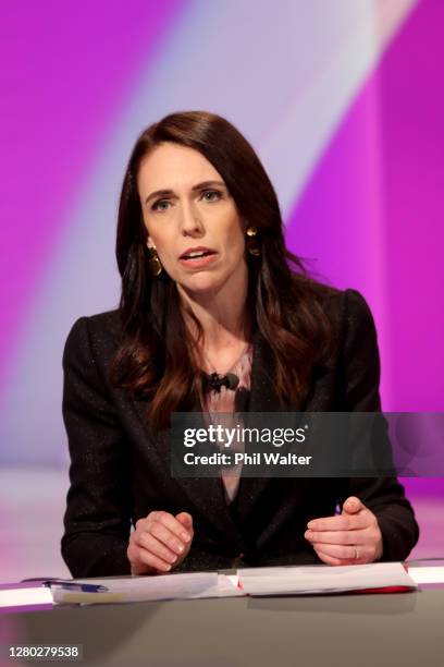 Labour Party leader and Prime Minister Jacinda Ardern takes part in the TVNZ Final Leaders Debate on October 15, 2020 in Auckland, New Zealand. The...