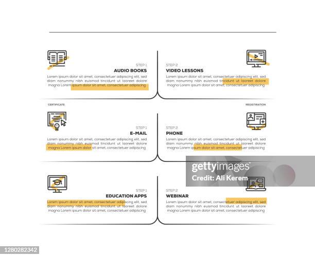 infographic design template. audio books, video lessons, e-mail, phone, webinar, education apps icons with 6 options or steps. - virtual office stock illustrations