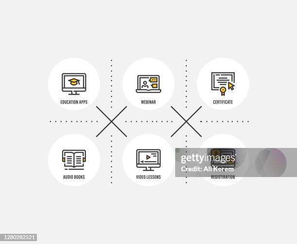 infographic design template. education apps, audio books, webinar, video lesson, certificate, registration icons with 6 options or steps. - virtual office stock illustrations