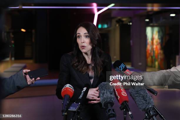 Labour Party leader and Prime Minister Jacinda Ardern speaks to media following the TVNZ Final Leaders Debate on October 15, 2020 in Auckland, New...