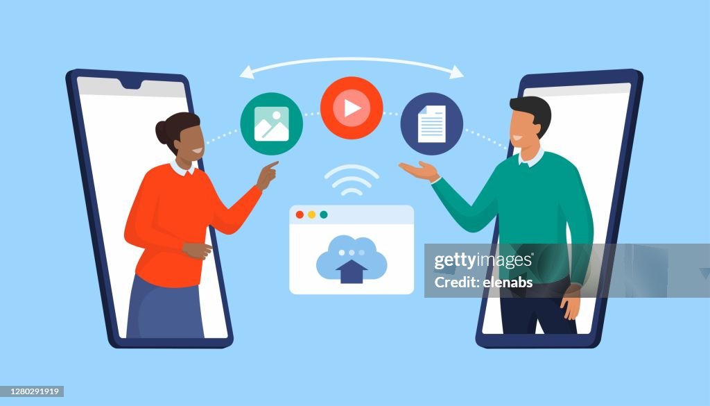 Share Using Users Sharing Files Online Using A Smartphone App High-Res Vector ...