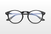 Vector 3d Realistic Plastic Round Black Rimmed Eye Glasses Icon Closeup Isolated on White Background. Women, Men, Unisex Accessory. Optics, Health Concept. Design Template, Mockup. Front View