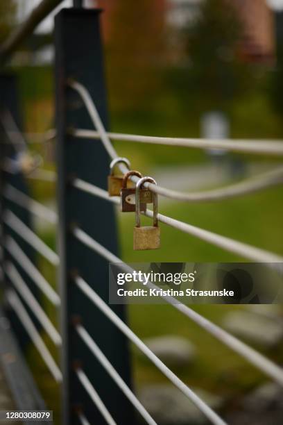 metallic padlocks hanging on wire ropes of a bridge - wire rope stock pictures, royalty-free photos & images