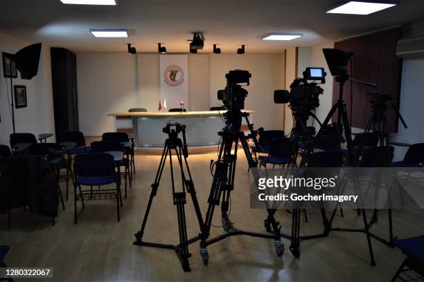 Television cameras are placed in a room ahead of a press conference at the Turkish Medical Association's headquarters building in Ankara, Turkey. The...