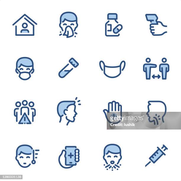 ilustraciones, imágenes clip art, dibujos animados e iconos de stock de infección viral - iconos de línea azul pixel perfect - estornudar