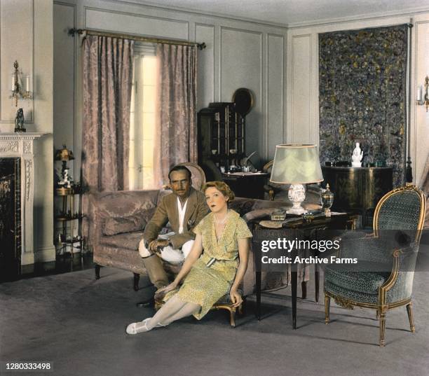 Colorized portrait of married couple, American actor, screenwriter, director, and producer Douglas Fairbanks and Canadian-born American actress and...