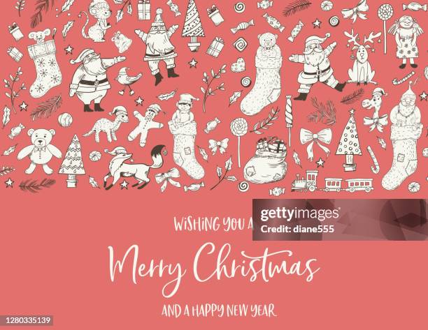 ilustraciones, imágenes clip art, dibujos animados e iconos de stock de plantilla de tarjeta de navidad doodled - hand drawn christmas card with reindeer