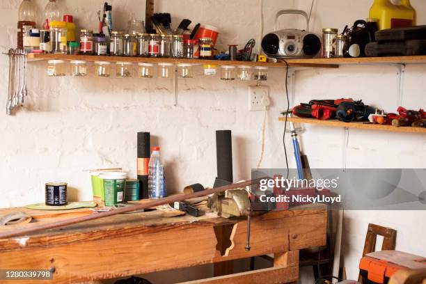 old carpenter's workshop - workbench stock pictures, royalty-free photos & images