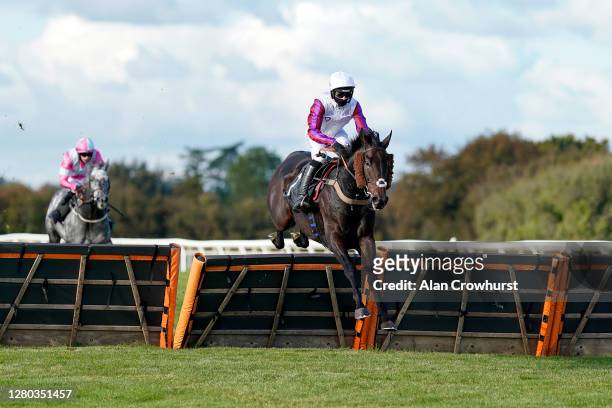 Harry Cobden riding Celestial Force clear the last to win The Bet At racingtv.com Novices' Hurdle at Wincanton Racecourse on October 15, 2020 in...