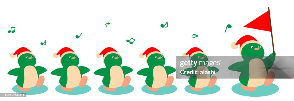 Feliz Navidad y Año Nuevo saludo de la linda familia de los pinguinos con sombrero de Papá Noel; Un líder pinguino sosteniendo una bandera lleva a cinco pinguinos, caminando en una fila