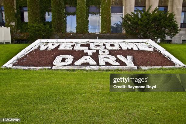 "Welcome To Gary" landscape display sits outside City Hall, in Gary, Indiana on OCTOBER 01, 2011.