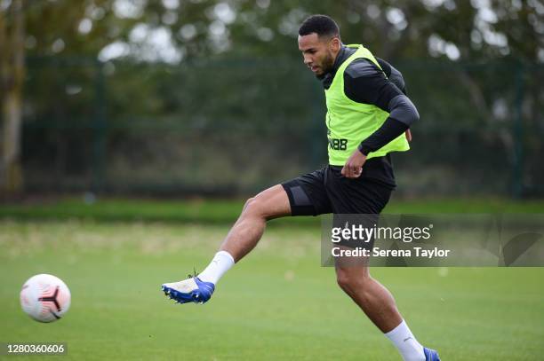 Jamaal Lascelles scores in a finishing drill during a Newcastle United training session at the Newcastle United Training Centre on October 15, 2020...