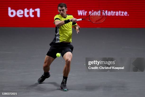 Henri Laaksonen of Switzerland plays a forehand during the match between Henri Laaksonen of Switzerland and Felix Auger-Aliassime of Canada of day...