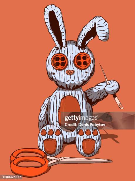 hand-drawn cute comic book illustration - plush bunny. - child scissors isolated stock illustrations