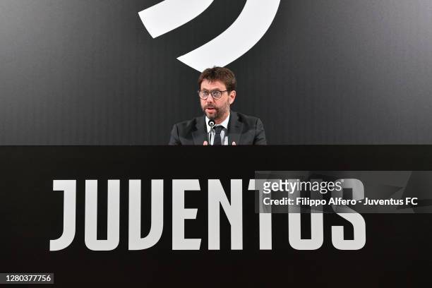 Andrea Agnelli attends Juventus Shareholders Meeting Press Conference at Allianz Stadium on October 15, 2020 in Turin, Italy.