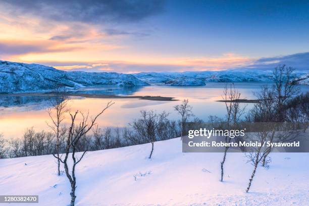 sunset along the frozen fjord, finnmark, norway - kunes stock pictures, royalty-free photos & images