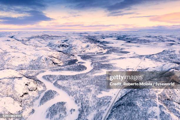 scenic empty road in the snow, finnmark, norway - kunes stock pictures, royalty-free photos & images