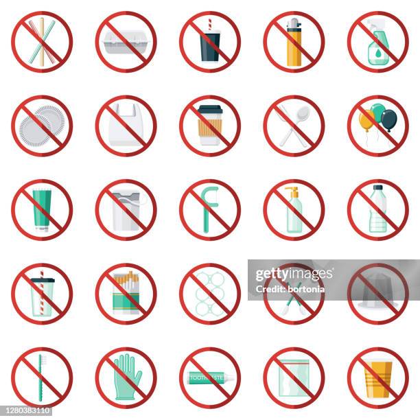 ban single use plastics icon set - surgical glove balloon stock illustrations