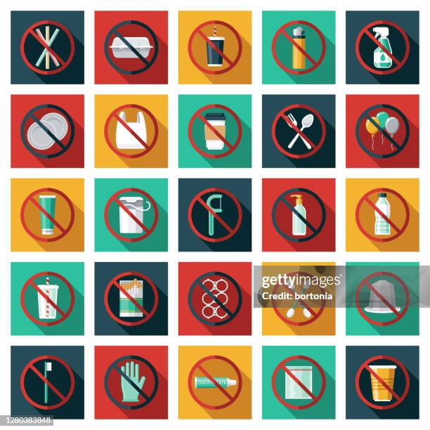 ban single use plastics icon set - surgical glove balloon stock illustrations