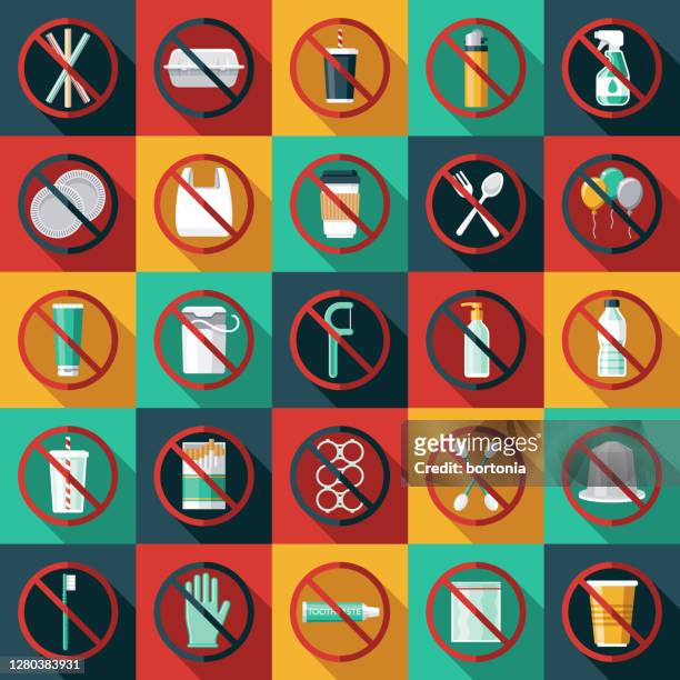 ban single use plastics icon set - disposable silverware stock illustrations