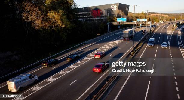 General view of the M4 at Coldra Mill showing the International Congress Centre on October 15, 2020 in Newport, Wales, United Kingdom. This stretch...