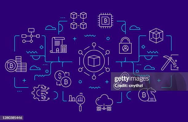 ブロックチェーン関連のウェブバナーラインスタイル。モダン デザイン ベクターの図 - ブロックチェーン点のイラスト素材／クリップアート素材／マンガ素材／アイコン素材