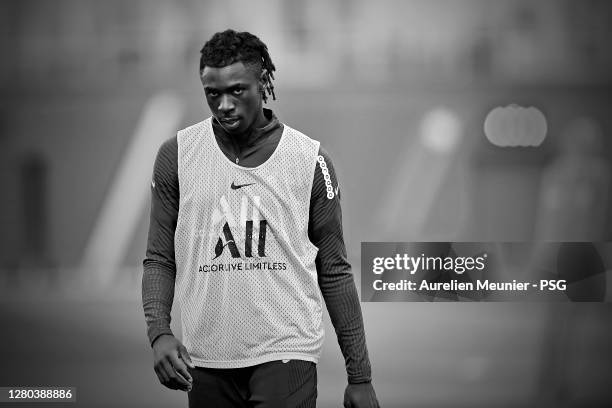 Moise Keane looks on during a Paris Saint-Germain training session at Ooredoo Center on October 15, 2020 in Paris, France.