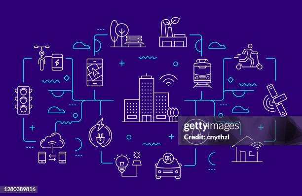 ilustraciones, imágenes clip art, dibujos animados e iconos de stock de estilo de línea de banner web relacionado con smart city. ilustración vectorial de diseño lineal moderno - internet of things