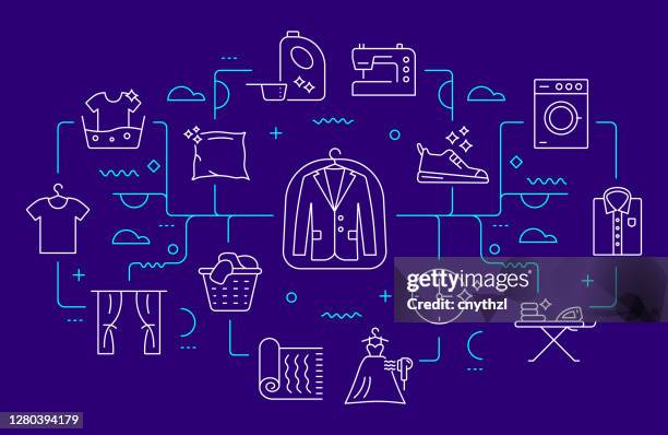 laundry and dry cleaning related web banner line style. modern linear design vector illustration - laundry service stock illustrations