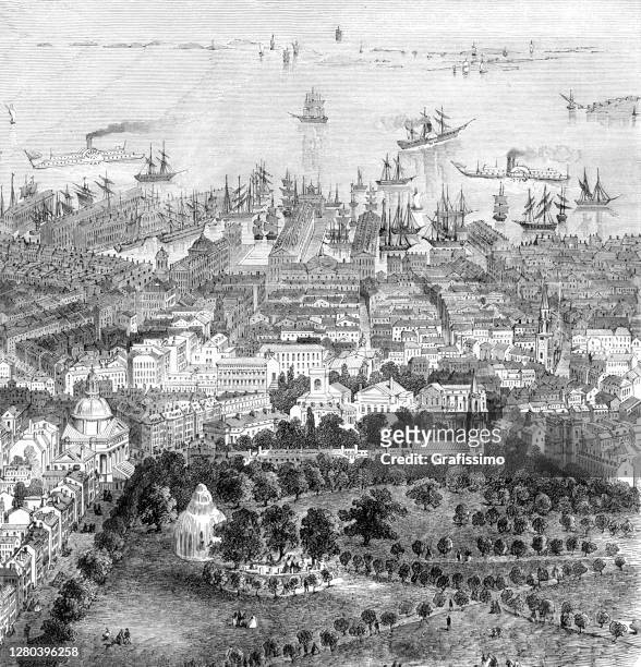 boston massachusetts usa aerial view 1866 - boston harbor stock illustrations