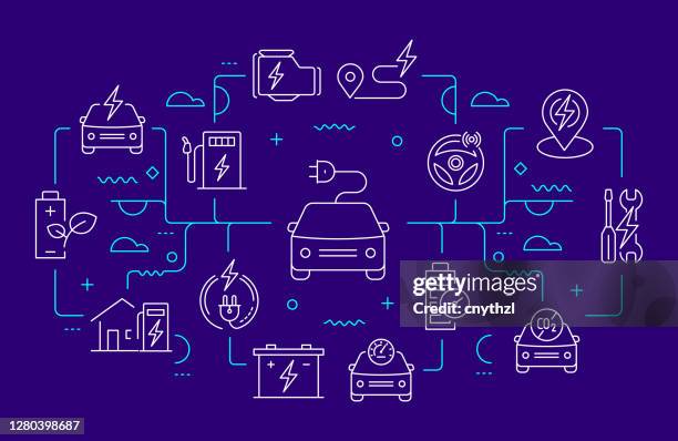 電気自動車関連のウェブバナーラインスタイル。モダンリニアデザインベクトルのイラスト - 電源点のイラスト素材／クリップアート素材／マンガ素材／アイコン素材