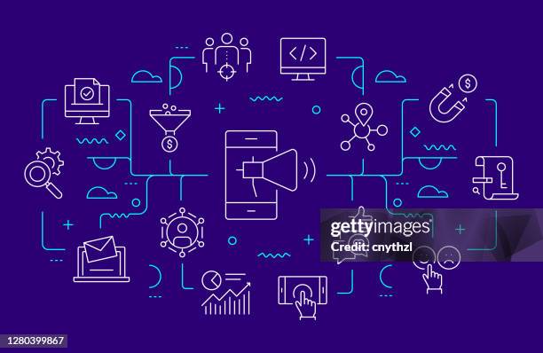 digital marketing related web banner line style. modern linear design vector illustration - digital business strategy stock illustrations