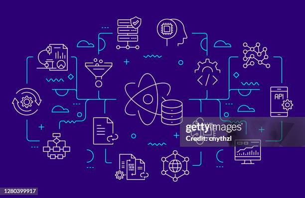 data science and data analysis related web banner line style. modern linear design vector illustration - data science stock illustrations