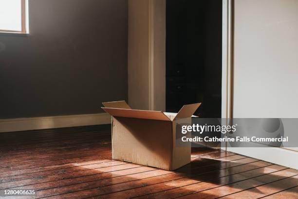 single cardboard box in a sunny room - entrümpeln stock-fotos und bilder